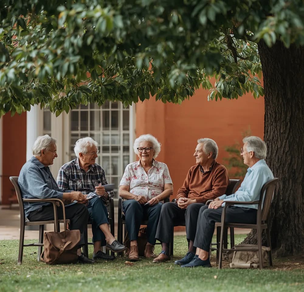 Group of senior residents gathered together outdoors under a tree