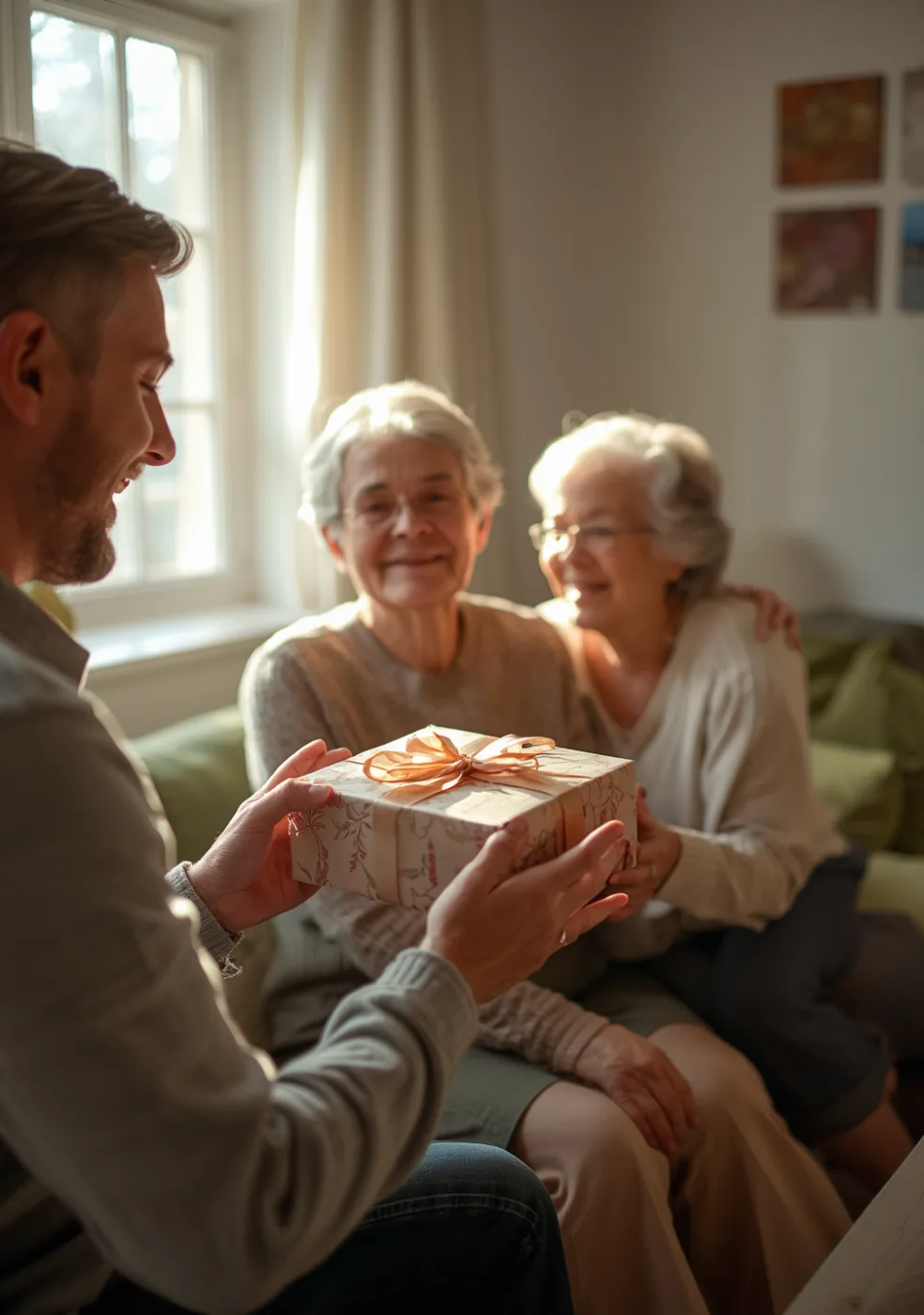 Adult son presenting a wrapped gift to two smiling senior women in their living room