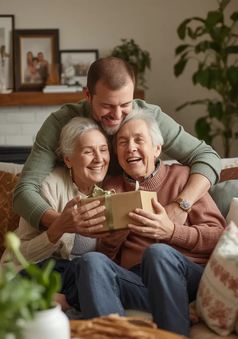 Adult son embracing his joyfully laughing senior mother and family member as they hold a wrapped gift together