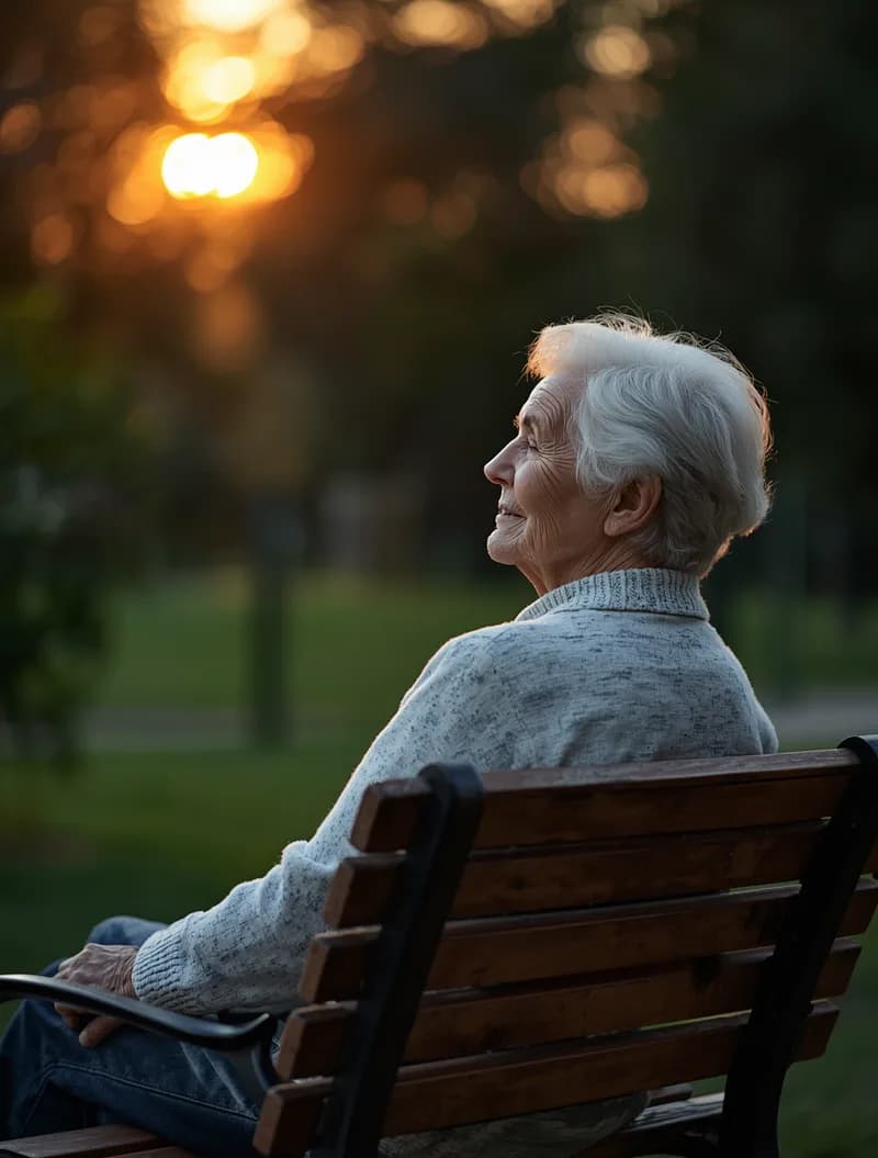 Senior woman sitting peacefully on a park bench at sunset