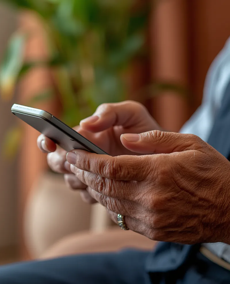 Close-up of a senior's hands holding a phone