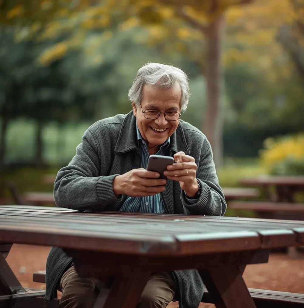 Senior man relaxing outdoors at a picnic table, looking at his phone
