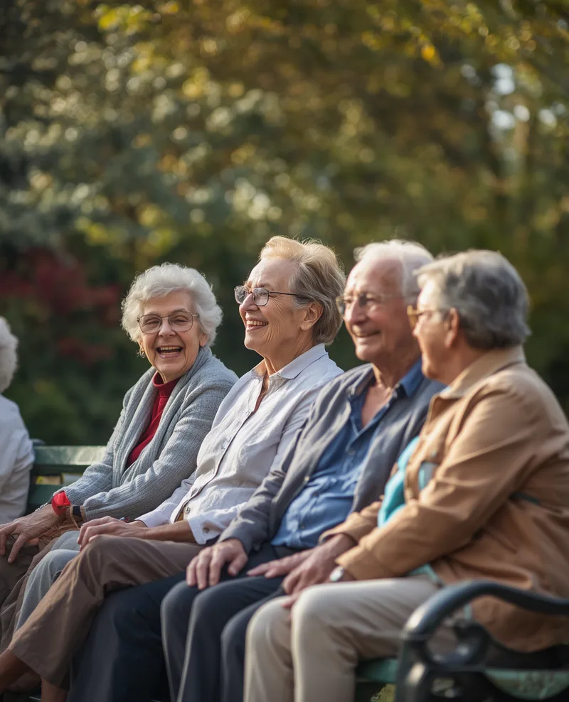 A group of senior friends sitting together on a park bench, laughing